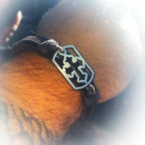 Mens Brown Leather Silver Cross Pull Bracelet